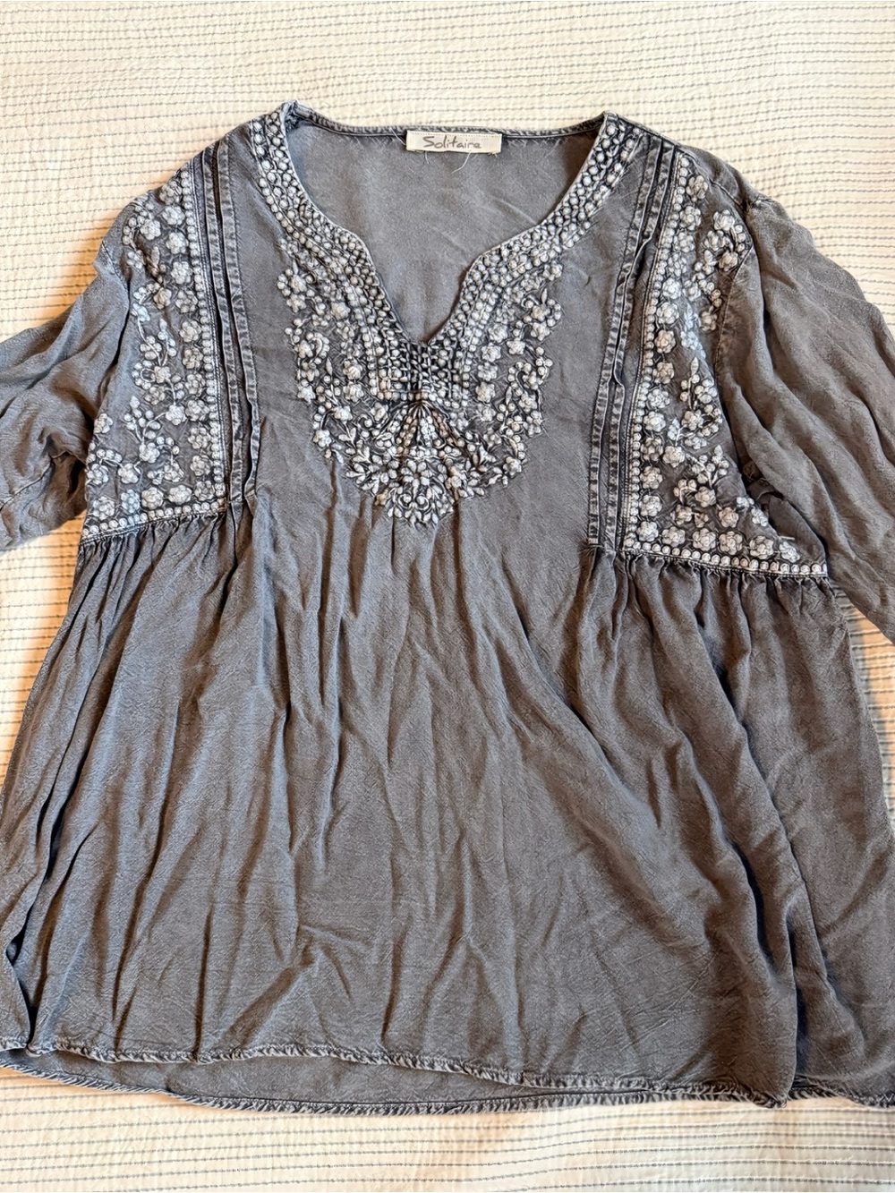 Solitaire Grey Embroidered Women's Peasant Top